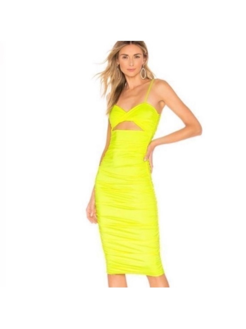 H:ours Revolve Shelby Neon Yellow Ruched Cut Out MIDI Dress